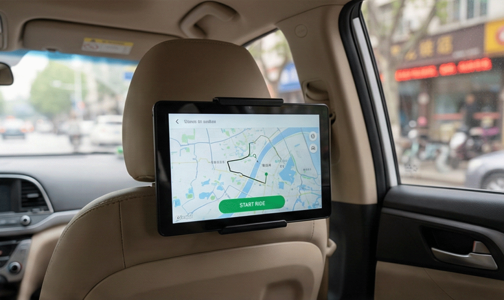 Interior view of a Robotaxi showing the passenger interface screen.
