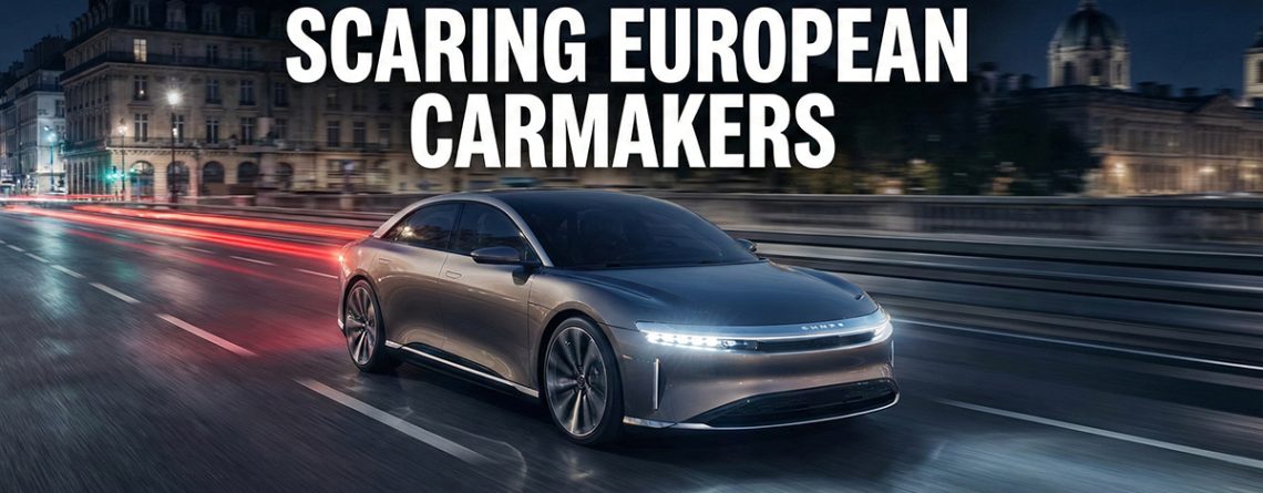 A sleek Chinese electric vehicle driving at night on a European road, with the title text "WHY CHINESE EVS ARE SCARING EUROPEAN CARMAKERS" overlaid on the image.
