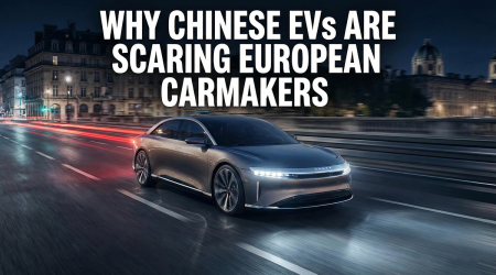 A sleek Chinese electric vehicle driving at night on a European road, with the title text "WHY CHINESE EVS ARE SCARING EUROPEAN CARMAKERS" overlaid on the image.