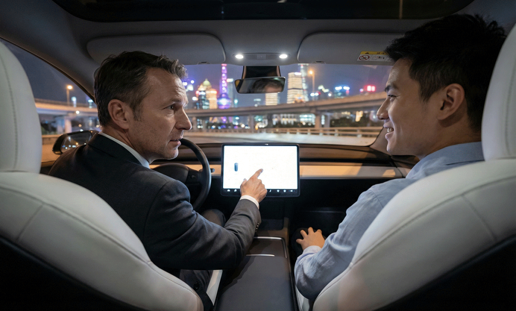 A German engineer with a confused expression points at the large touchscreen in a Chinese electric vehicle, with the Shanghai skyline outside.