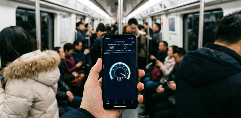A smartphone speed test app showing 500 Mbps download speed inside a subway car