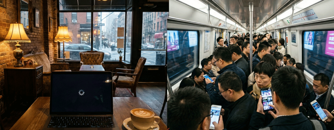 cozy dim NYC cafe table with latte and laptop screen showing buffering loading circle, right side: bright crowded Shanghai subway car with passengers holding phones with vivid colorful screens