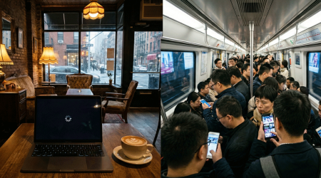 cozy dim NYC cafe table with latte and laptop screen showing buffering loading circle, right side: bright crowded Shanghai subway car with passengers holding phones with vivid colorful screens