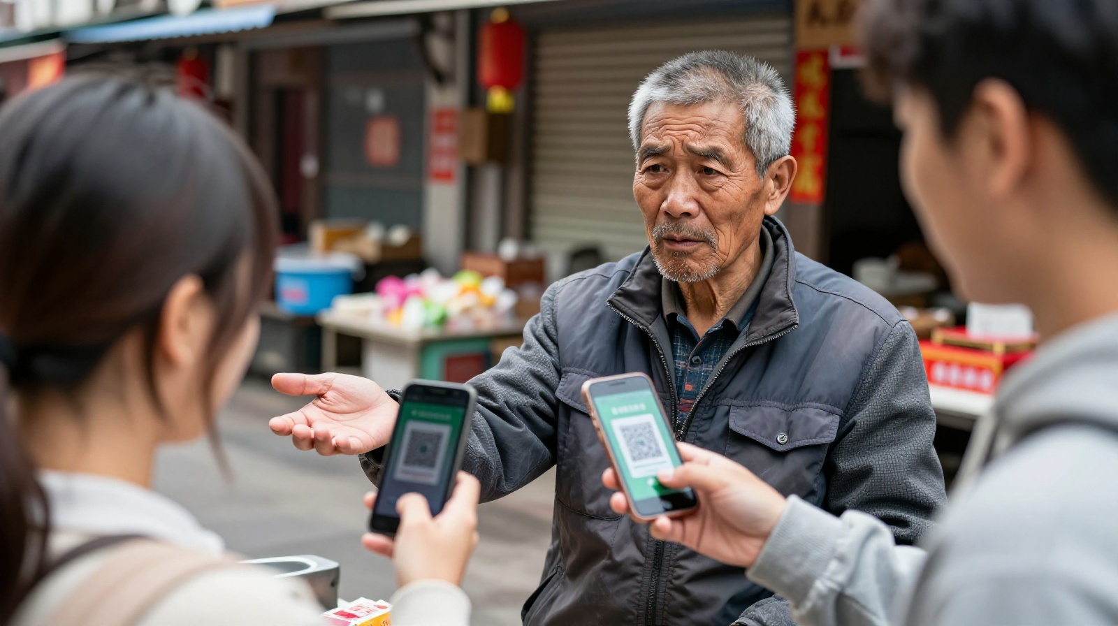 An elderly street vendor in an old neighborhood looks confused as a young customer tries to pay with a mobile phone QR code instead of cash.