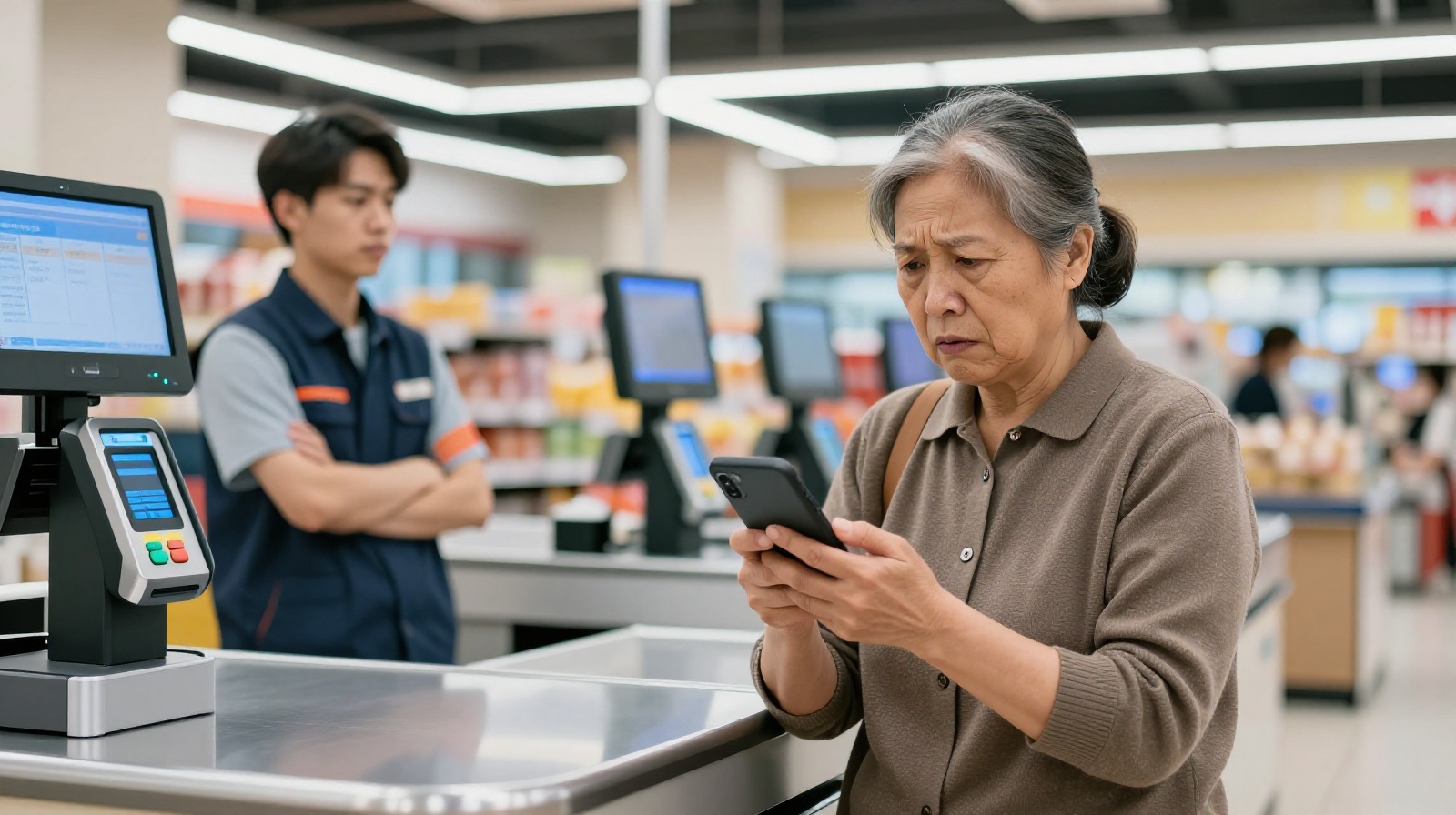 An elderly person struggles with a mobile payment system at a checkout counter while a young cashier looks on impatiently.