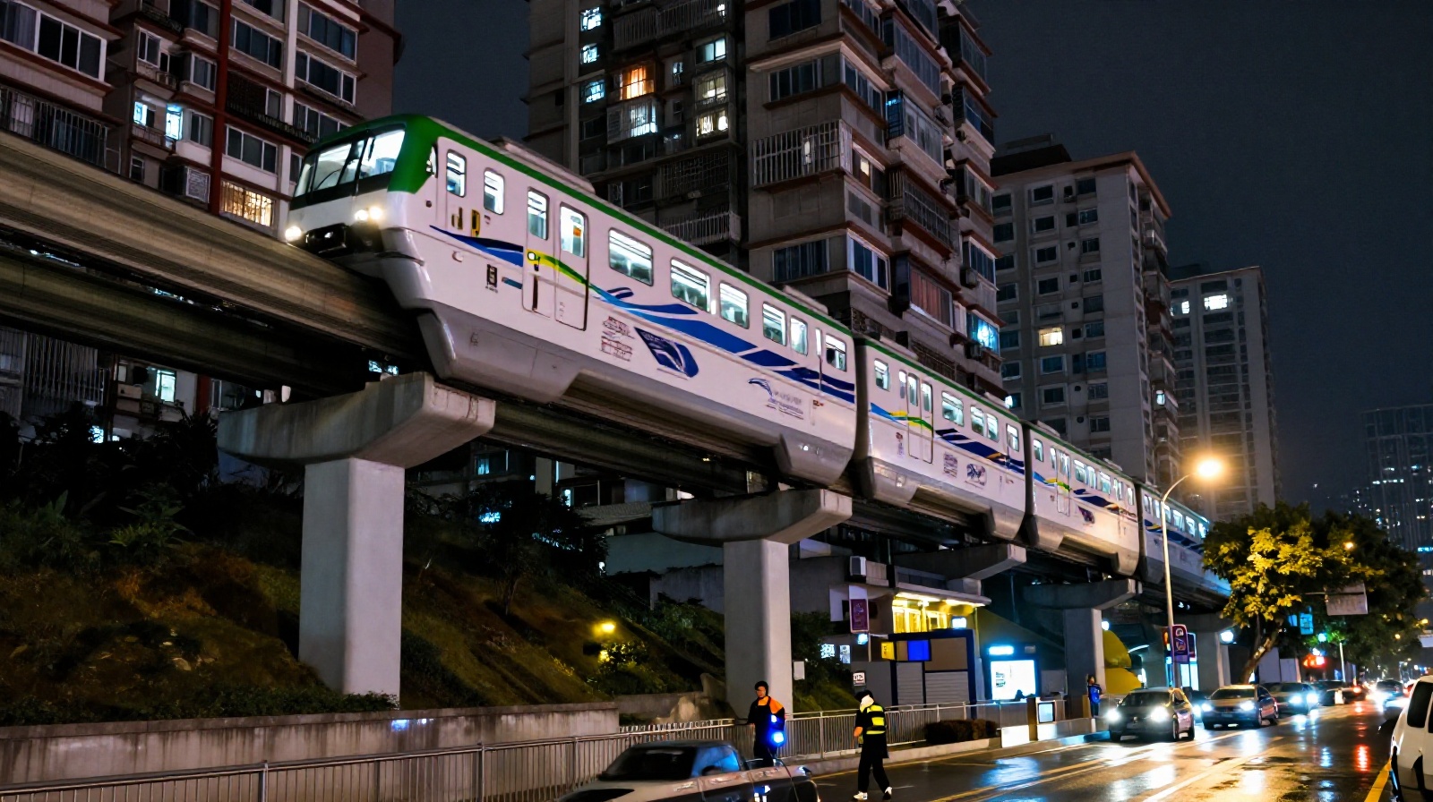 A monorail train passing directly through a residential skyscraper in Chongqing at night with a delivery driver exiting