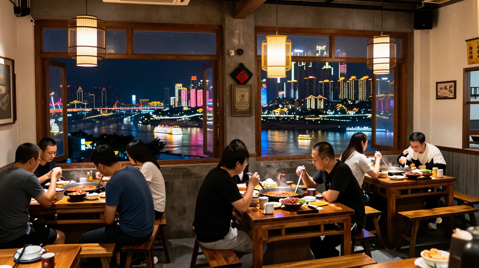 Locals dining on hotpot with a view of Chongqing's neon cityscape at night