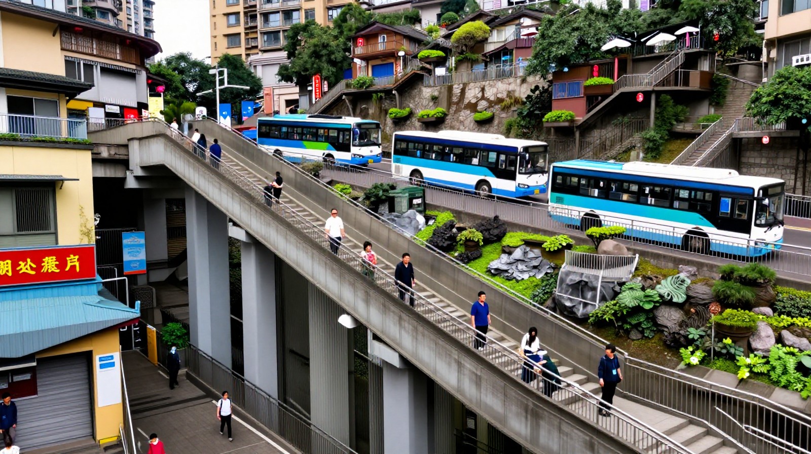 Pedestrians using an outdoor elevator to connect different street levels in Chongqing's vertical city