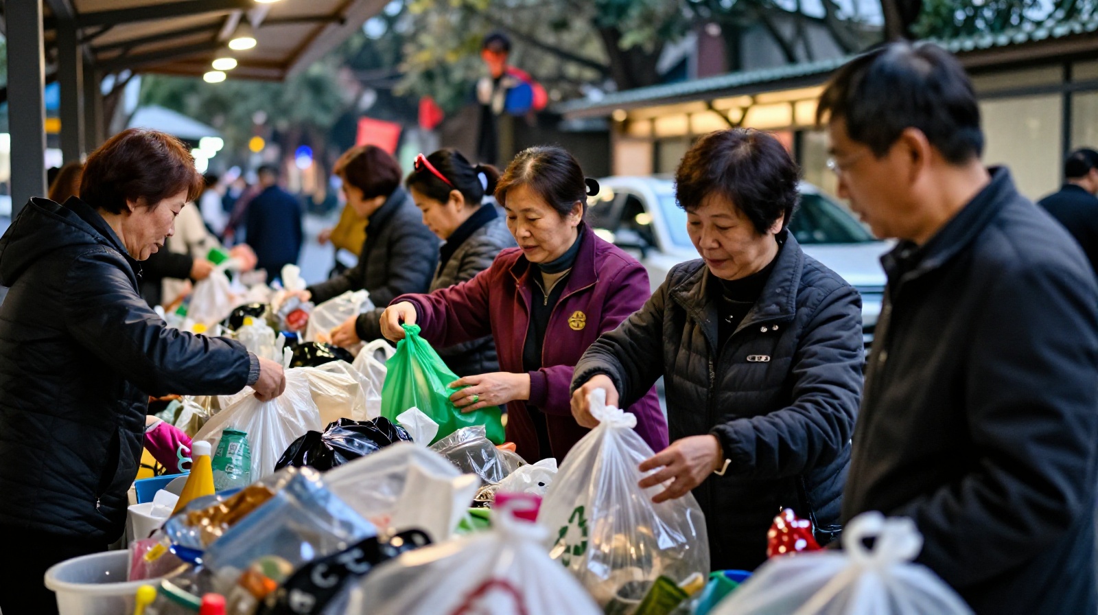 Residents sorting recyclables at a community station in Chengdu