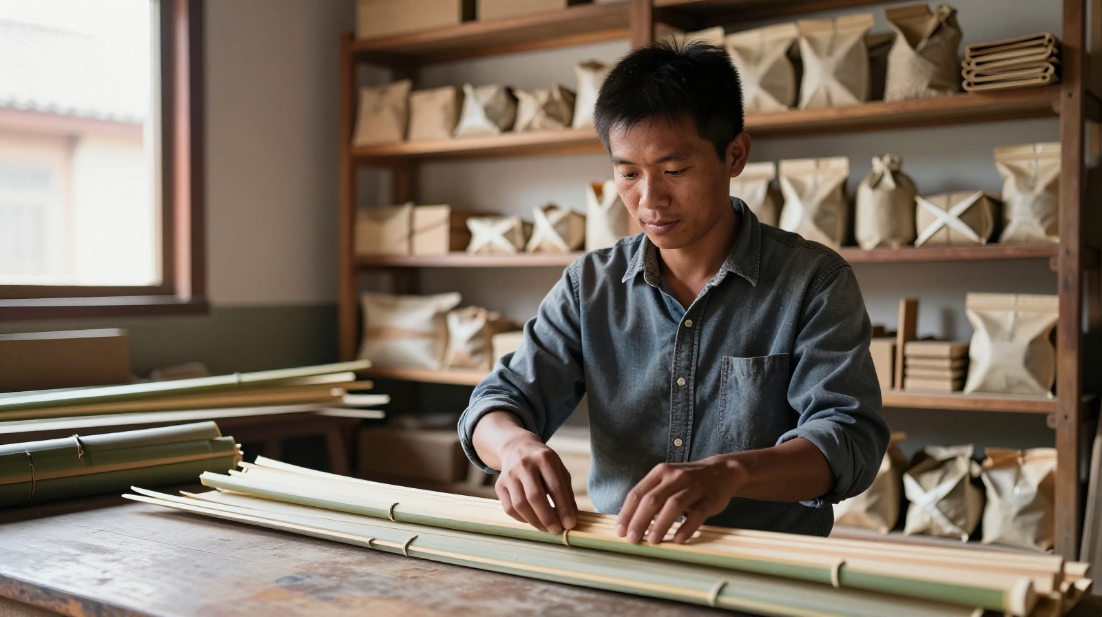 Young entrepreneur creating eco-friendly packaging from bamboo waste