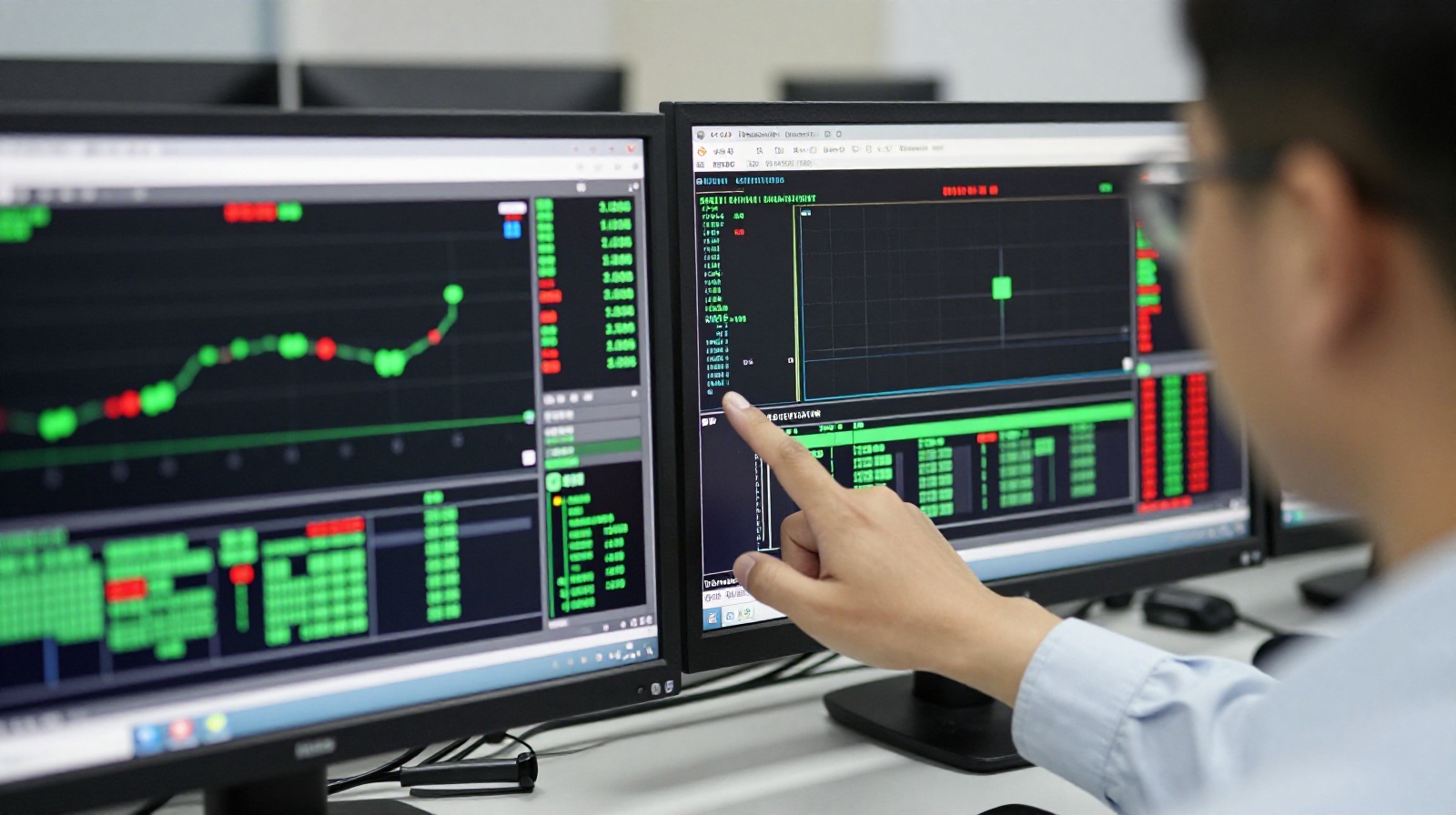 An environmental engineer in a Chinese control room pointing at a digital dashboard displaying real-time water quality monitoring data with green and red alert indicators