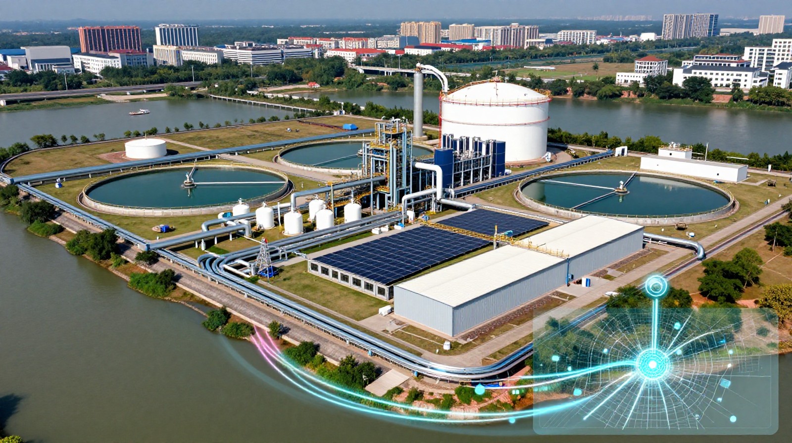Aerial view of a smart water treatment plant in China with digital data visualization overlays showing connection to city infrastructure