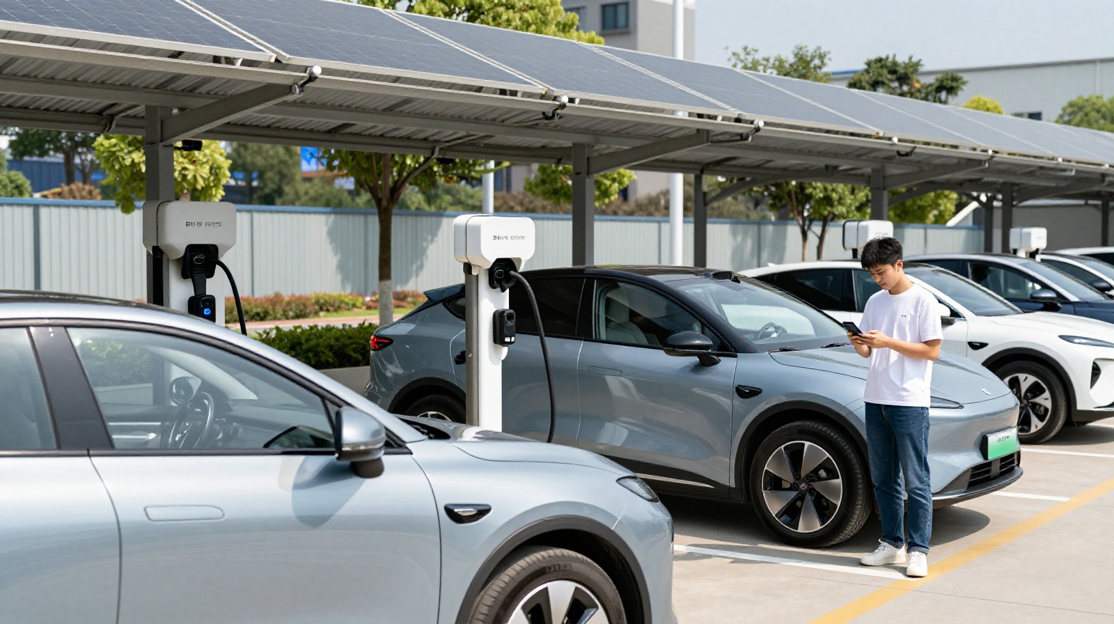 Young man checking mobile app at modern electric vehicle charging station with solar panels