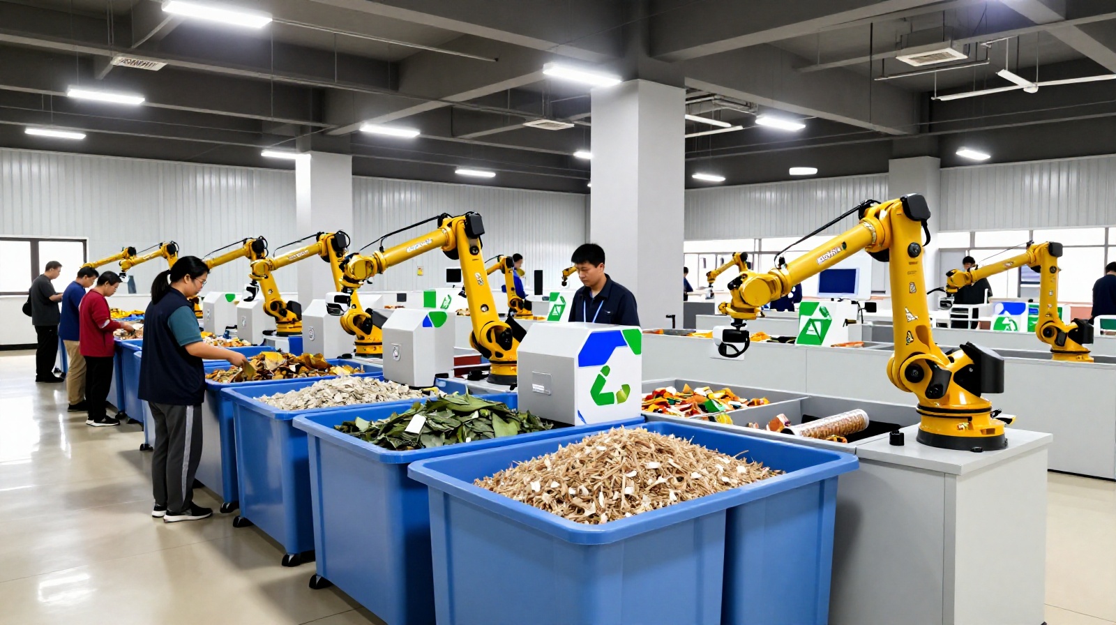 High-tech recycling facility workers sorting waste with AI-assisted robotic systems