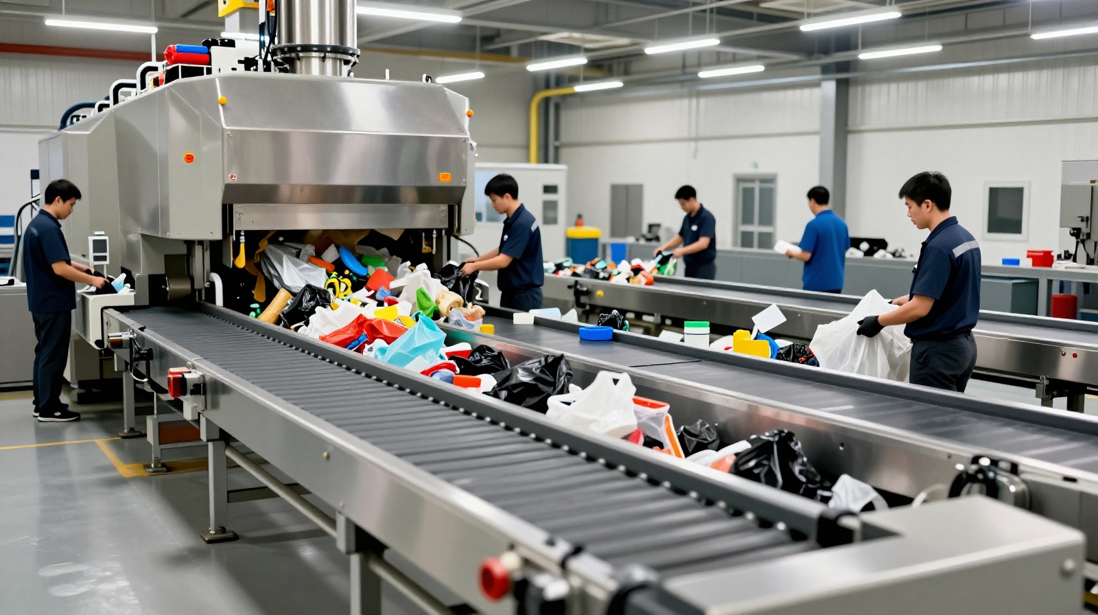 Workers inside a modern Chinese waste sorting plant operating conveyor belts to separate municipal solid waste for recycling and incineration