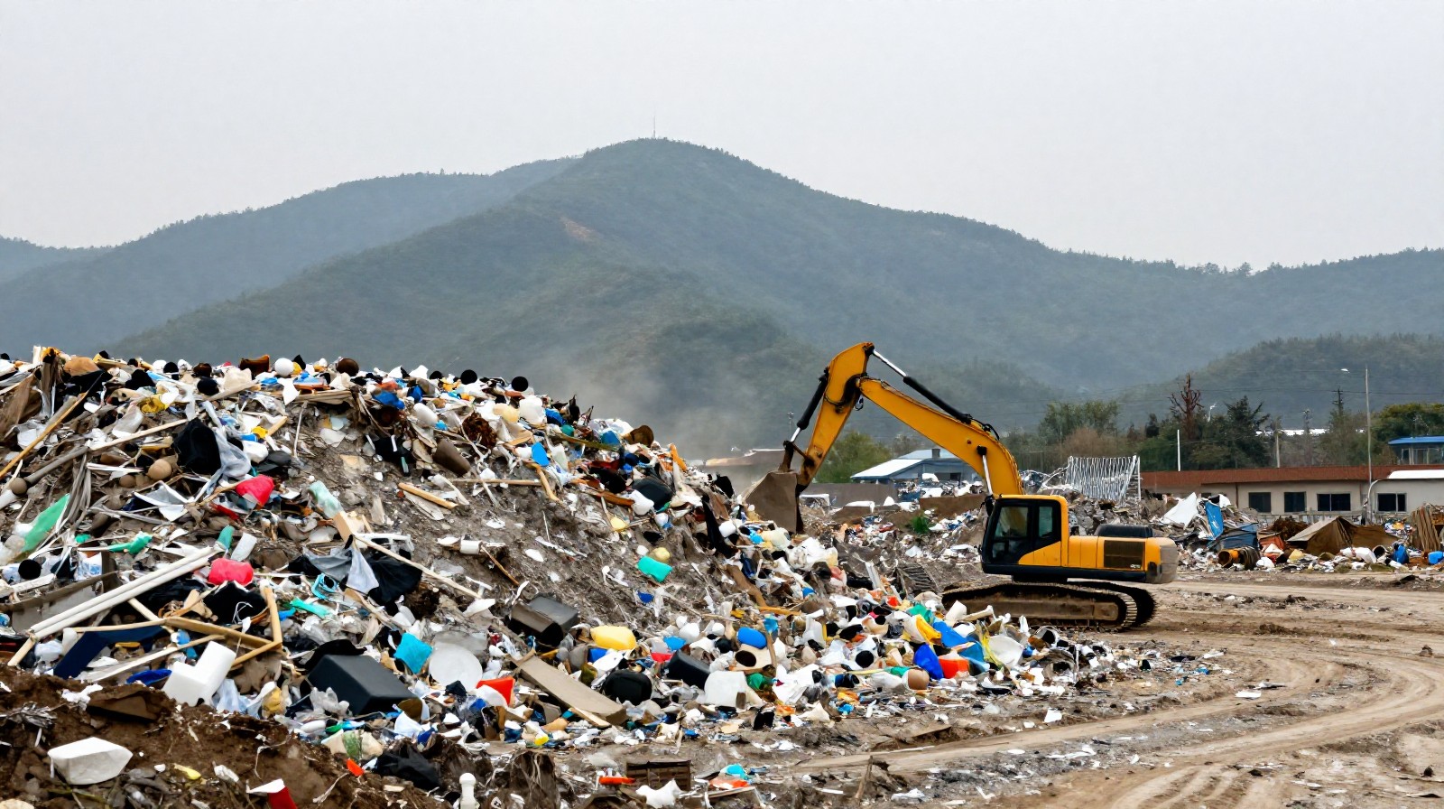 Heavy machinery excavating old landfill waste from a decade ago at a municipal dumpsite in China