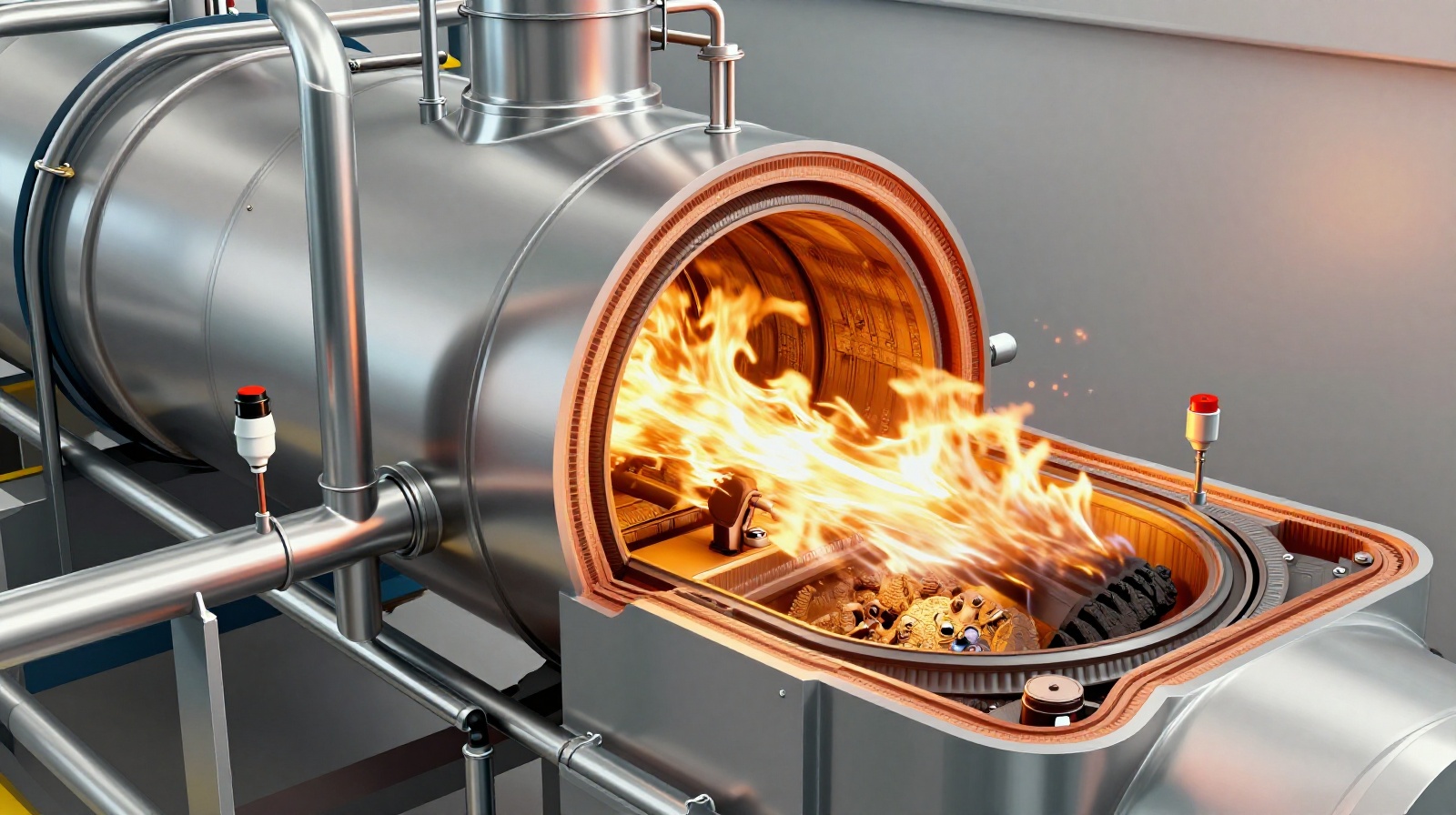 Interior view of a modern trash incineration furnace showing the combustion chamber and temperature control systems