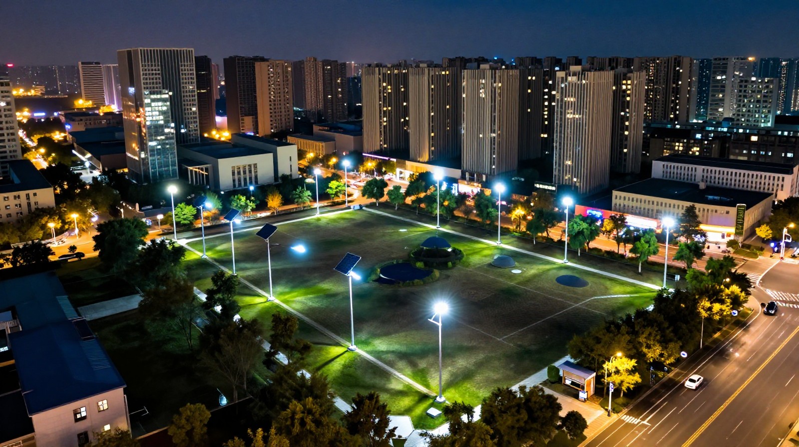 Modern Chinese city skyline at night illuminated by electricity generated from waste-to-energy plants