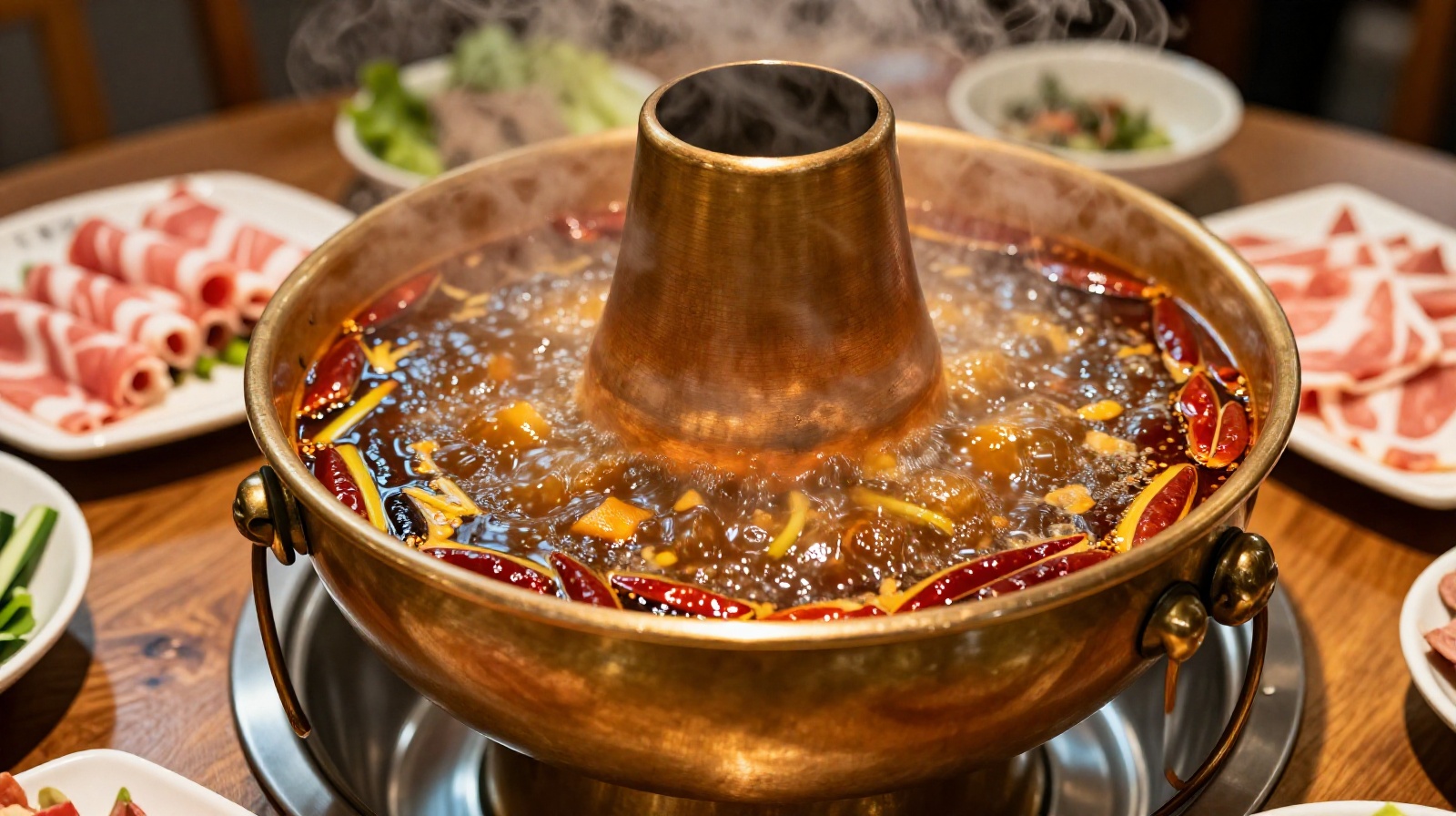 A close-up view of a steaming copper hot pot with boiling spicy broth and plates of raw ingredients waiting to be cooked in a Chinese restaurant.