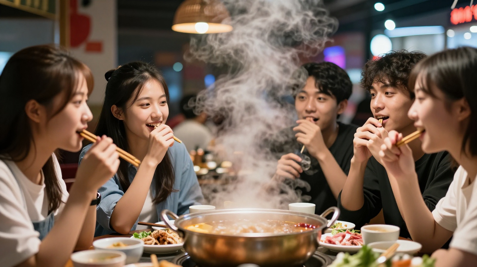 A candid scene of friends and colleagues having an open conversation while eating hot pot in a lively Chinese dining hall.