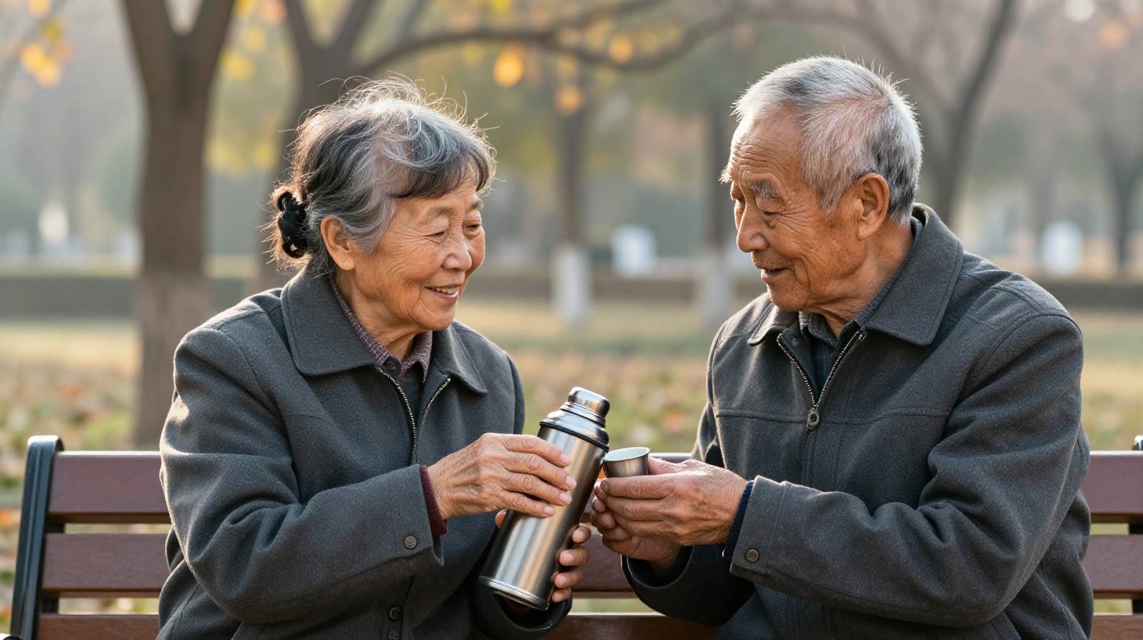 Elderly Chinese couple sharing tea on a park bench in Beijing