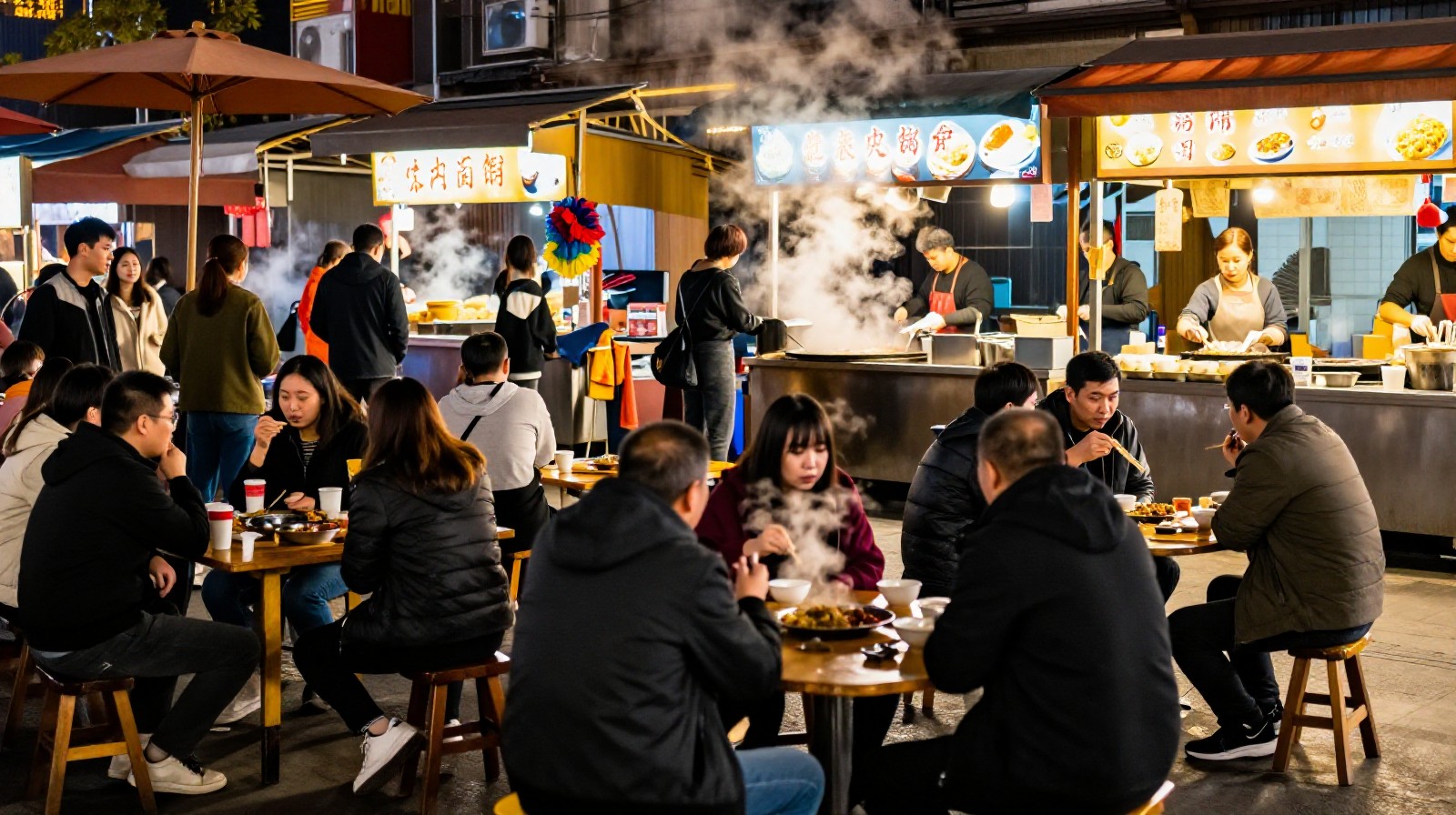 People eating at a busy street food stall in Chengdu at night
