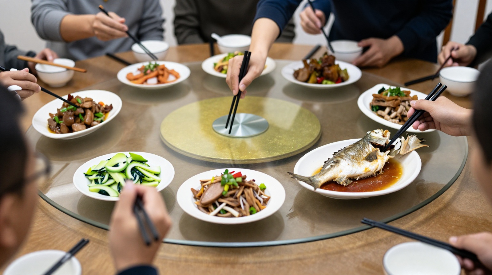 Diners sharing a meal at a Chinese round table with a rotating lazy Susan, showing various dishes like steamed fish and braised pork
