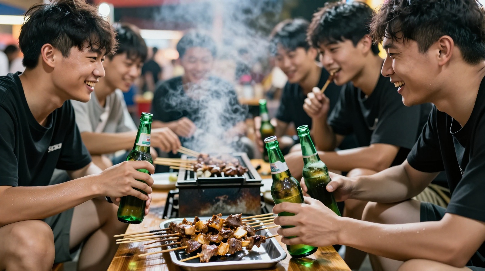 Young people enjoying street food and drinks at a lively Chinese BBQ stall at night