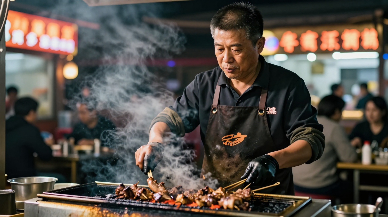 A dedicated street food vendor grilling skewers under the warm glow of a night market stall