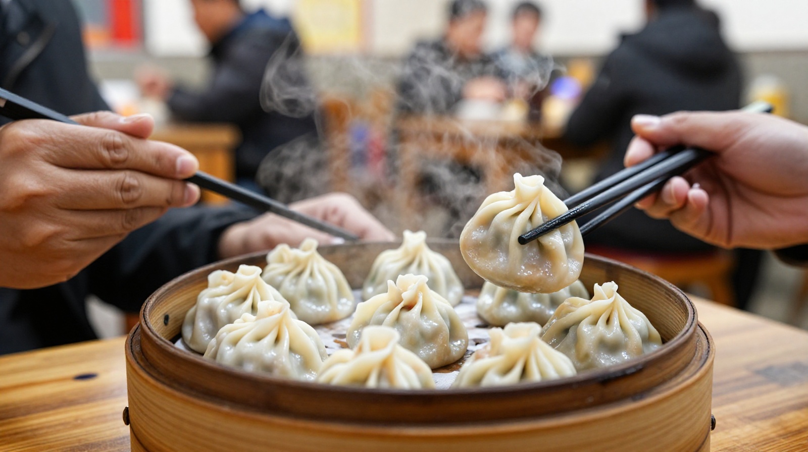 A close-up view of a person using chopsticks to pick up a steaming dim sum dumpling from a bamboo basket in a crowded Guangzhou tea house, with steam rising visibly.