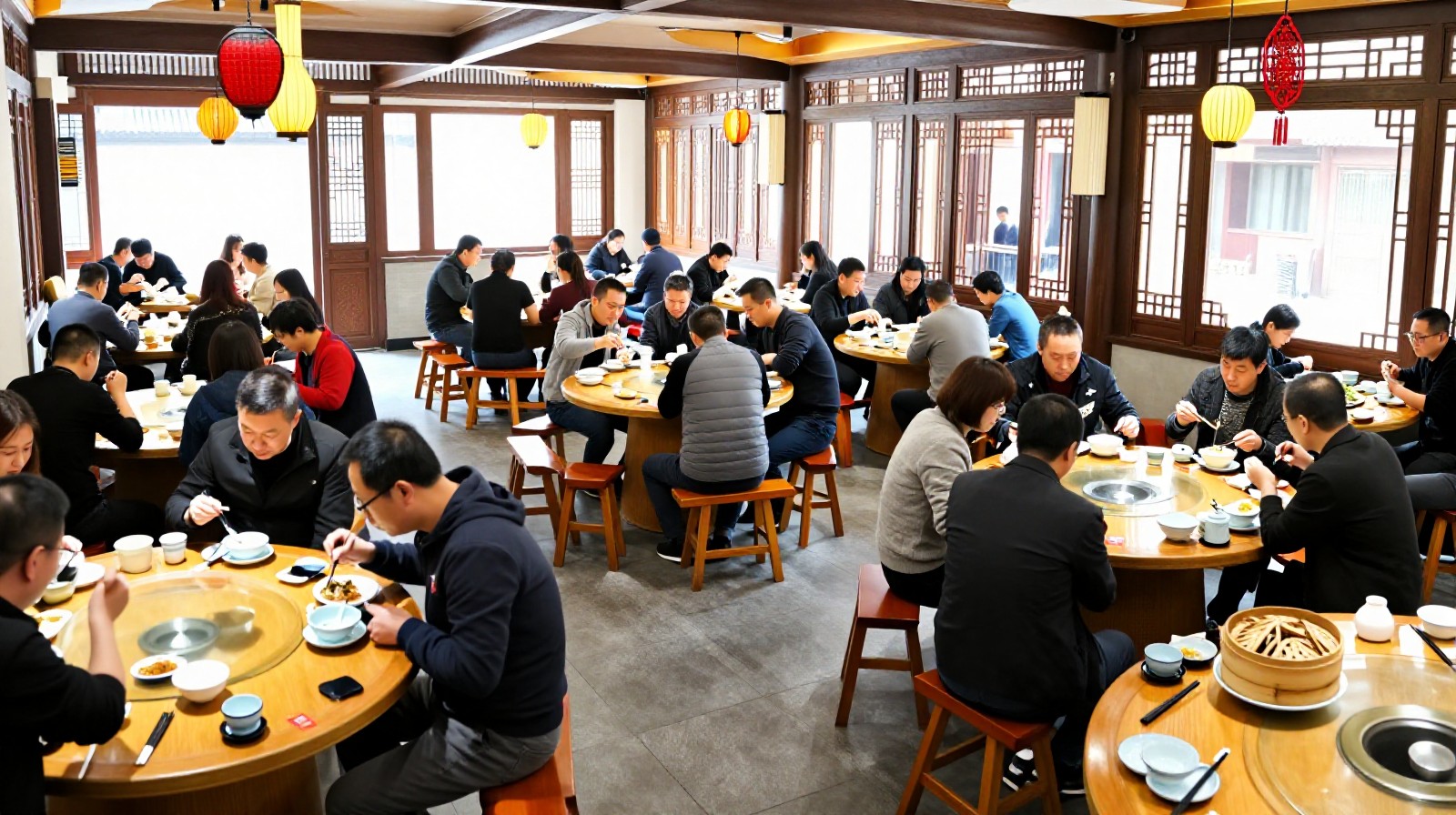 Interior view of a busy Guangzhou dim sum restaurant with multiple generations of diners enjoying breakfast together at crowded wooden tables.