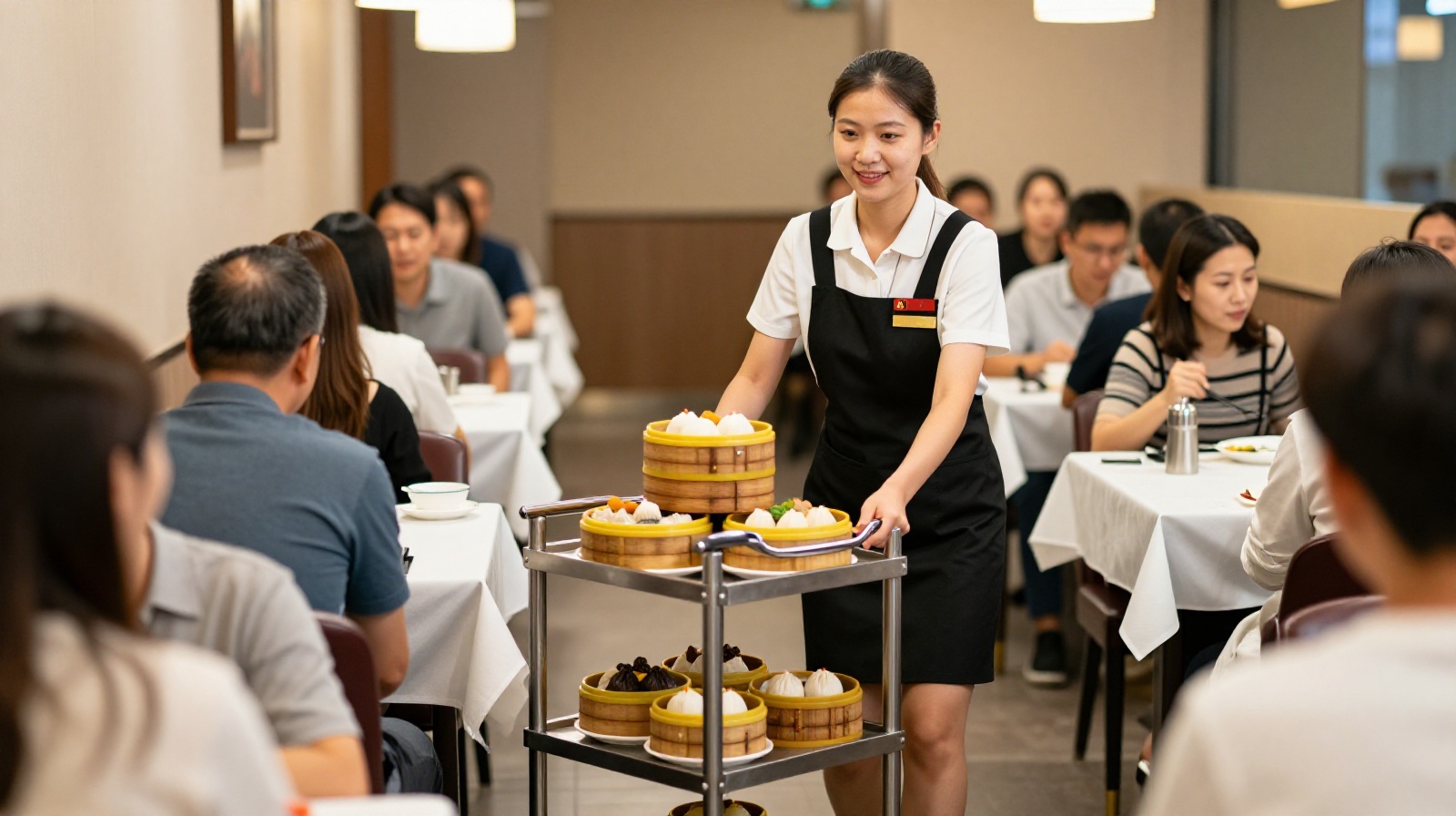 A restaurant waitress pushing a traditional food cart loaded with bamboo steamers through the aisles of a busy tea house.