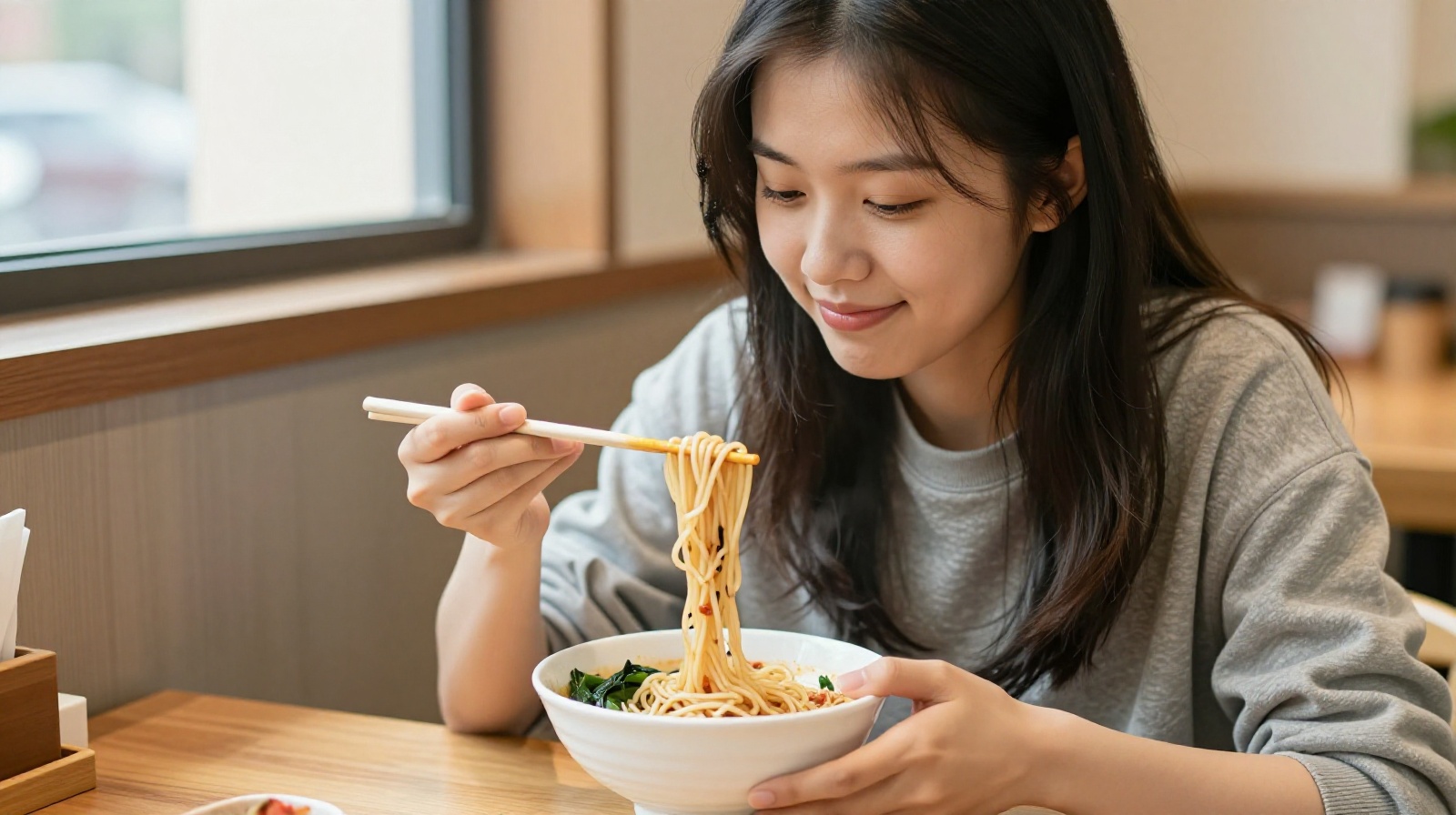 Young Asian woman enjoying a solo meal of noodles in a modern restaurant with wooden dividers