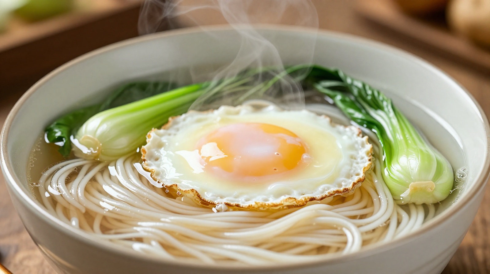 Close up of a traditional Chinese longevity noodle dish with steam rising from the hot broth