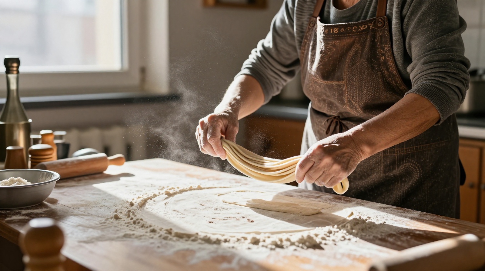 An elderly Chinese woman hand-pulling traditional noodles for a family celebration
