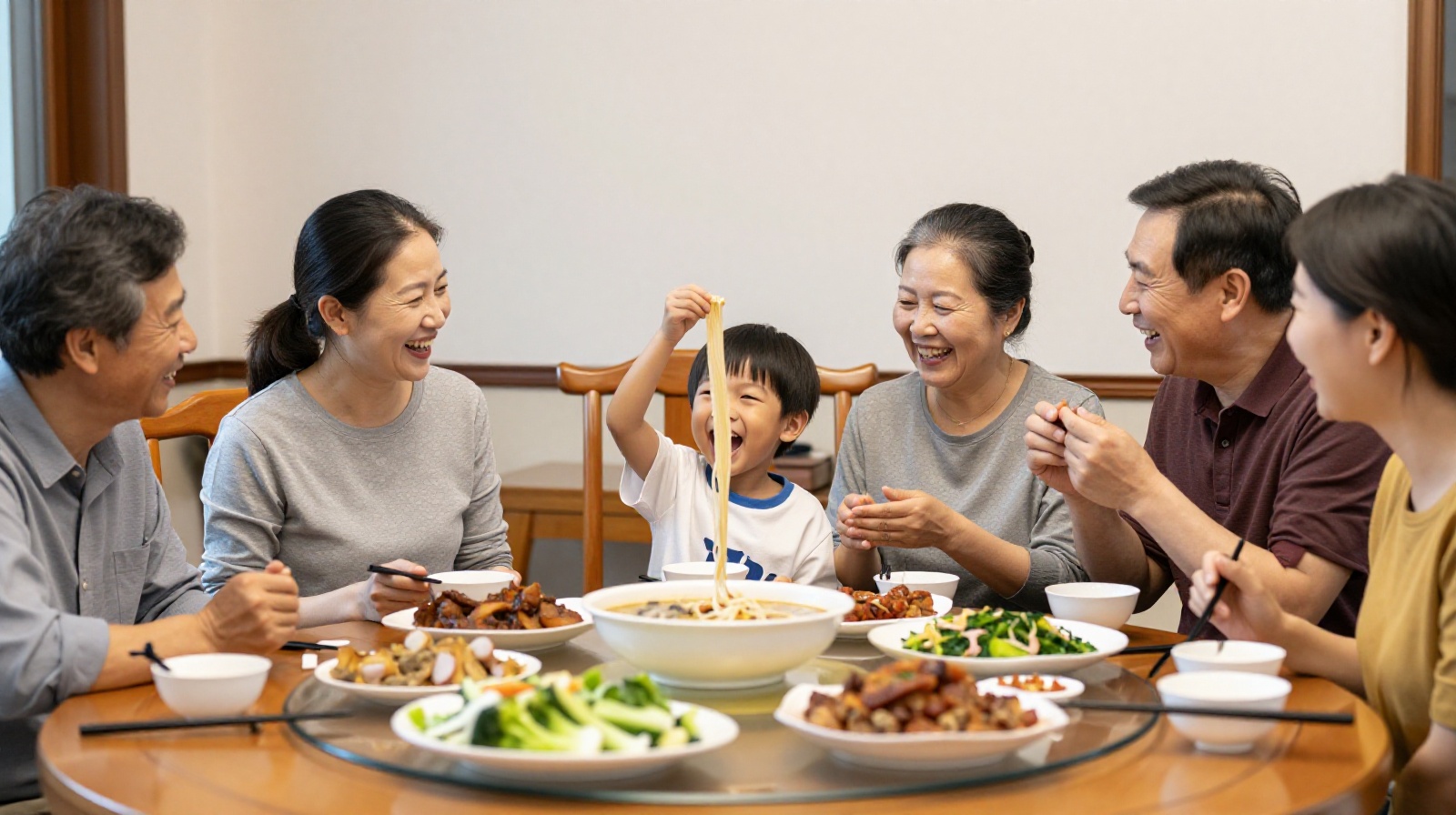 Multi-generational Chinese family celebrating a birthday and eating longevity noodles together