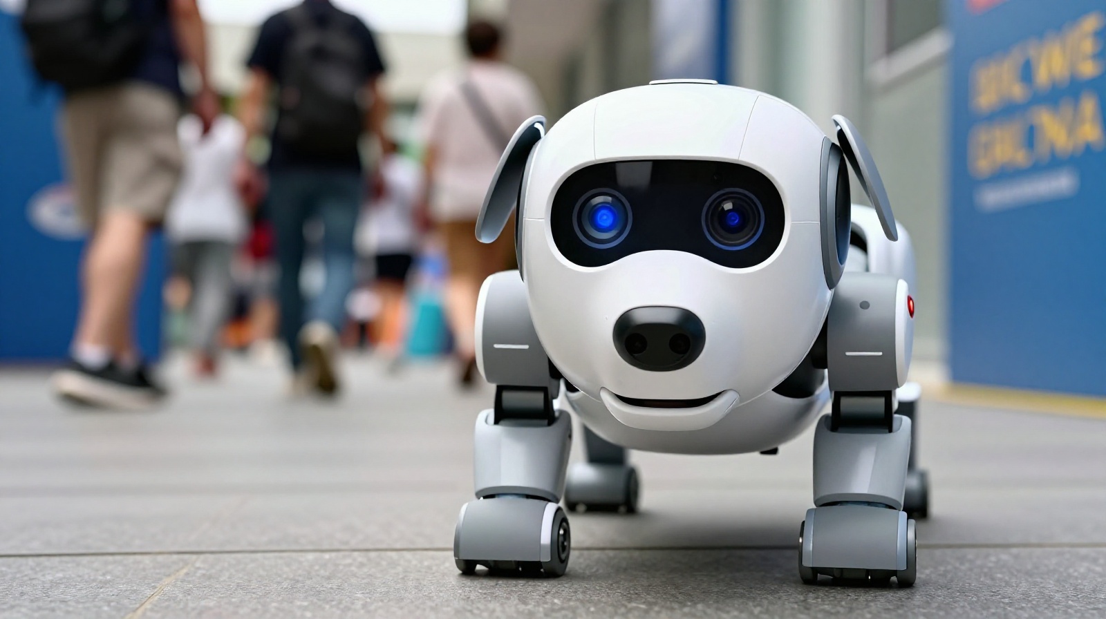 Close-up view of a robotic dog patrol unit scanning a corridor with advanced sensors at an Asian Games venue