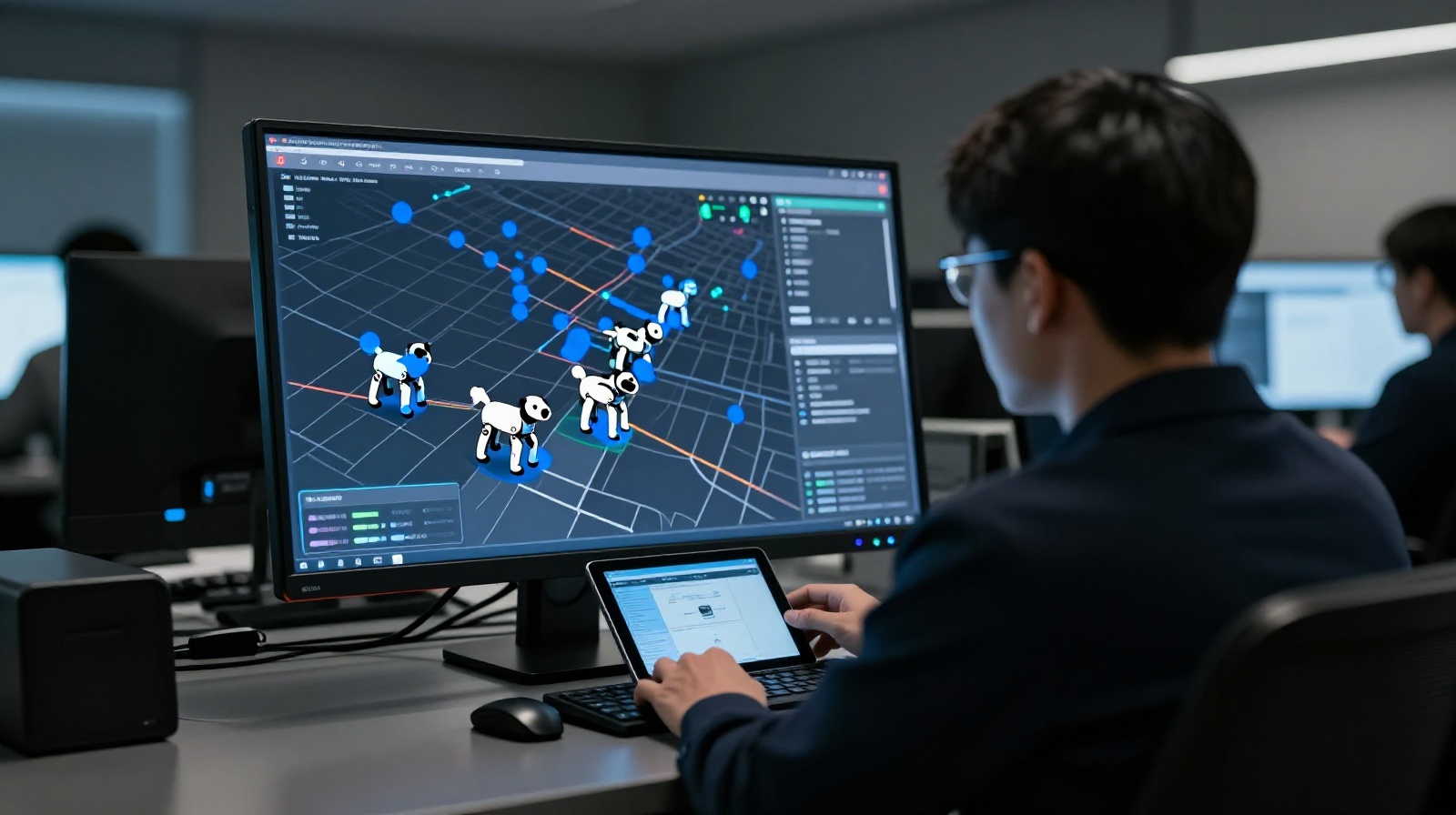 Human security operator monitoring multiple robotic dog units on a tablet interface