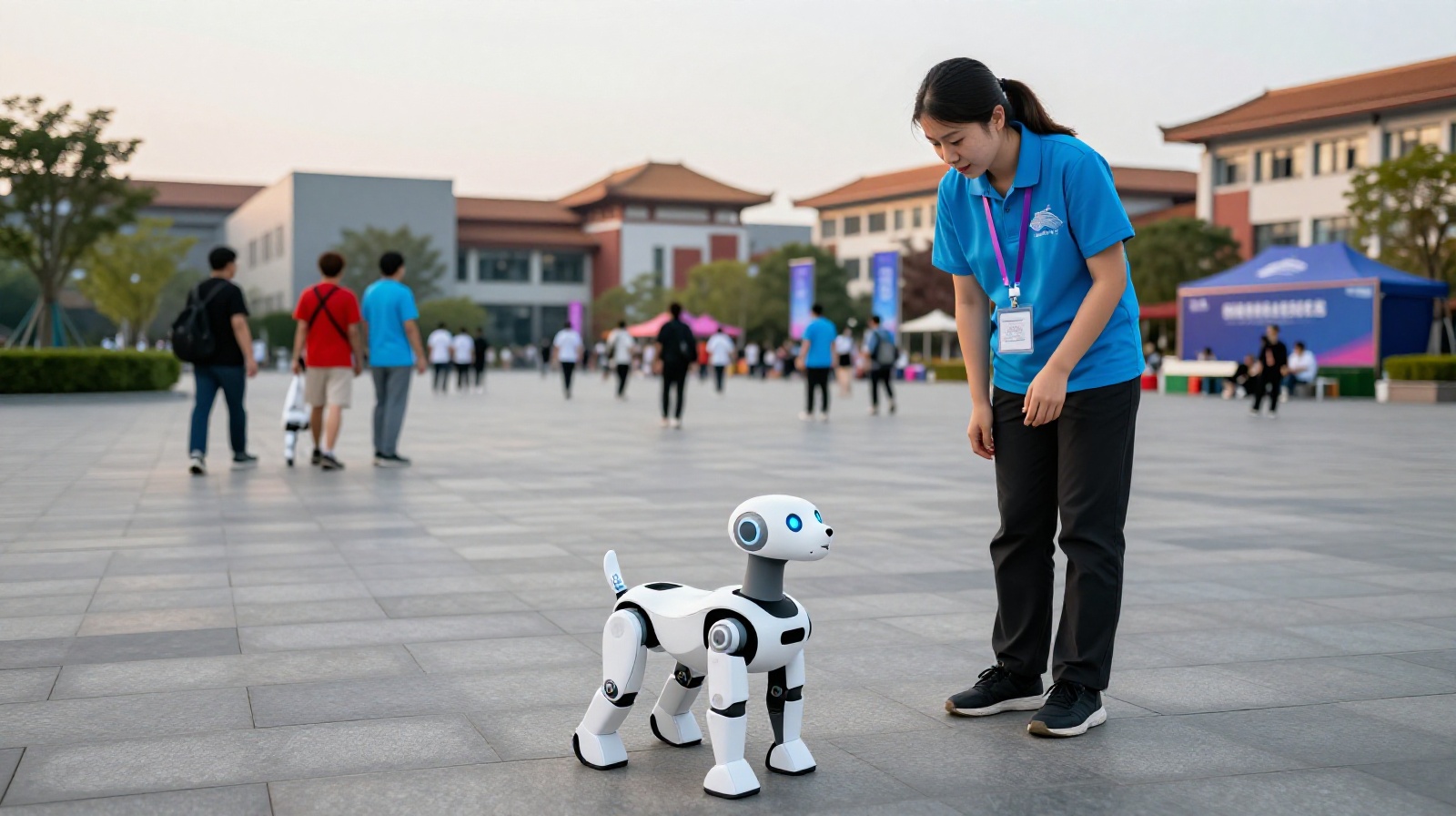 Robotic dog patrolling near volunteers and athletes during the Asian Games