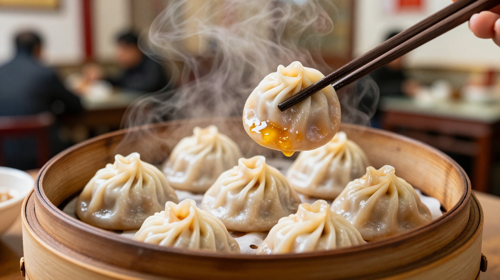 Close up of steamy Chinese soup dumplings xiao long bao in a traditional bamboo steamer on a wooden table