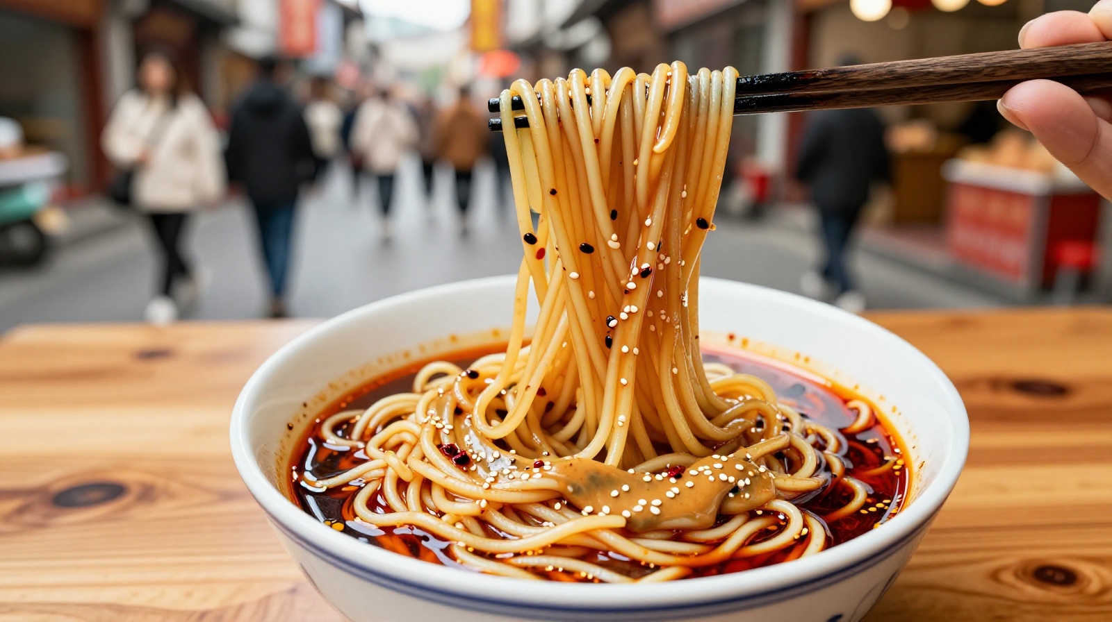 Bowl of spicy Chinese hot dry noodles wu tiao topped with sesame paste and chili oil
