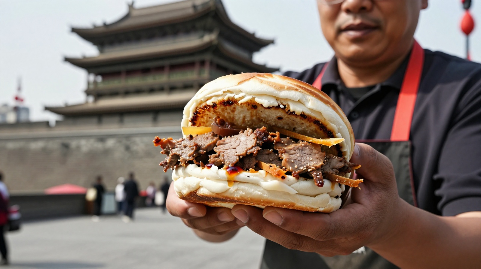 Freshly prepared Chinese meat burger roujiamo held by a street vendor in front of old brick wall
