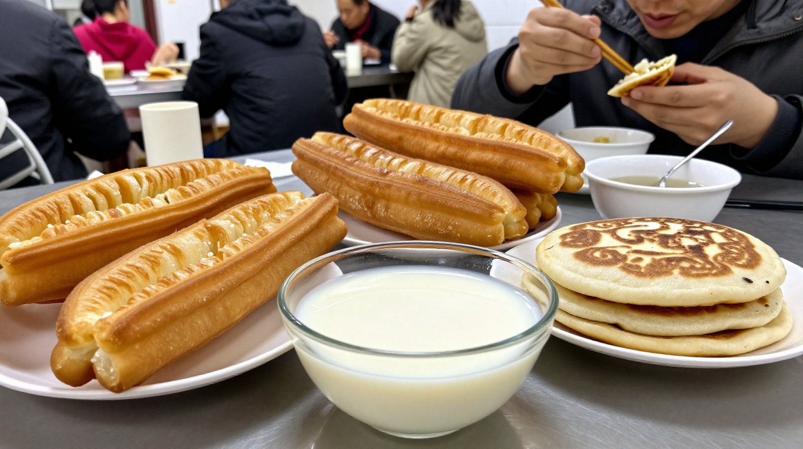 Assortment of traditional Chinese breakfast foods like youtiao fried dough and soy milk