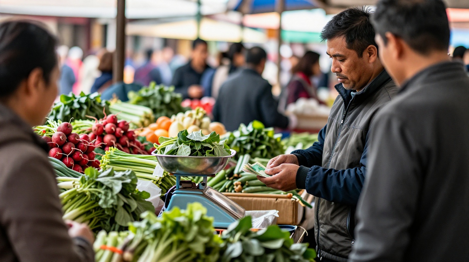 Close-up view of a Chinese street vendor weighing fresh vegetables on a traditional scale at a busy morning market, with a customer paying in cash