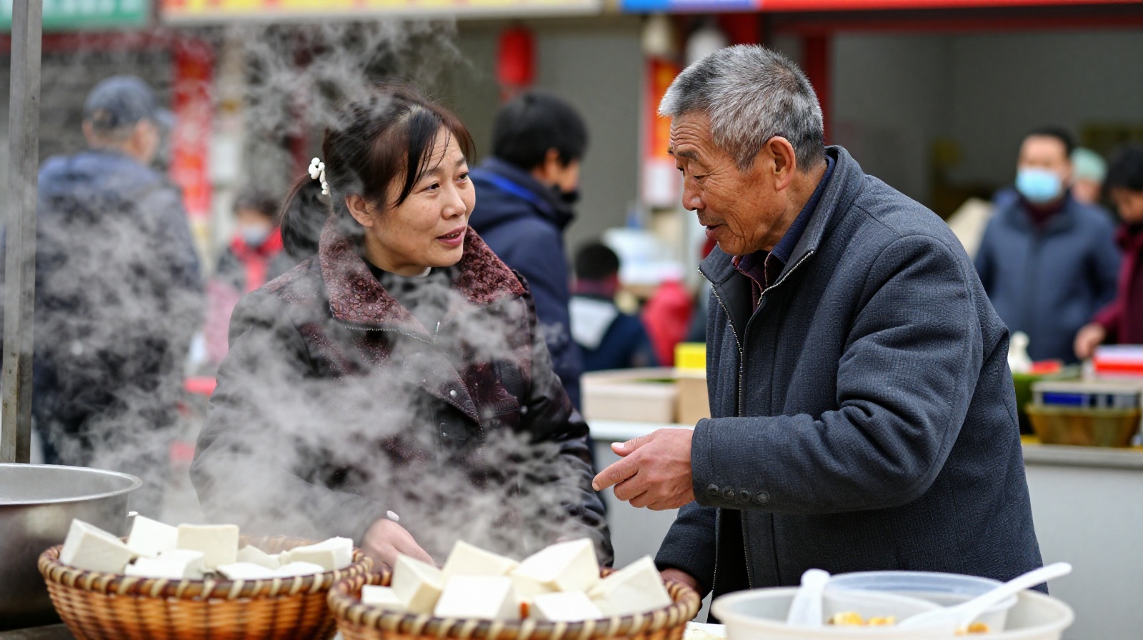 An elderly neighbor talking with a tofu vendor at a Chinese morning market, illustrating the social role of local markets