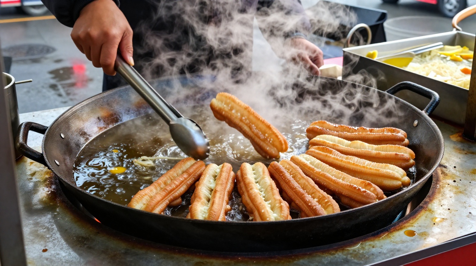 A Chinese street vendor frying traditional breakfast items like youtiao in a busy outdoor morning market