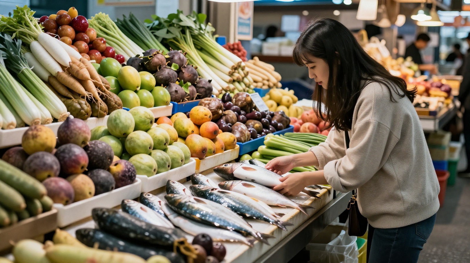 A variety of fresh seafood and organic vegetables displayed for sale at a bustling Chinese morning market