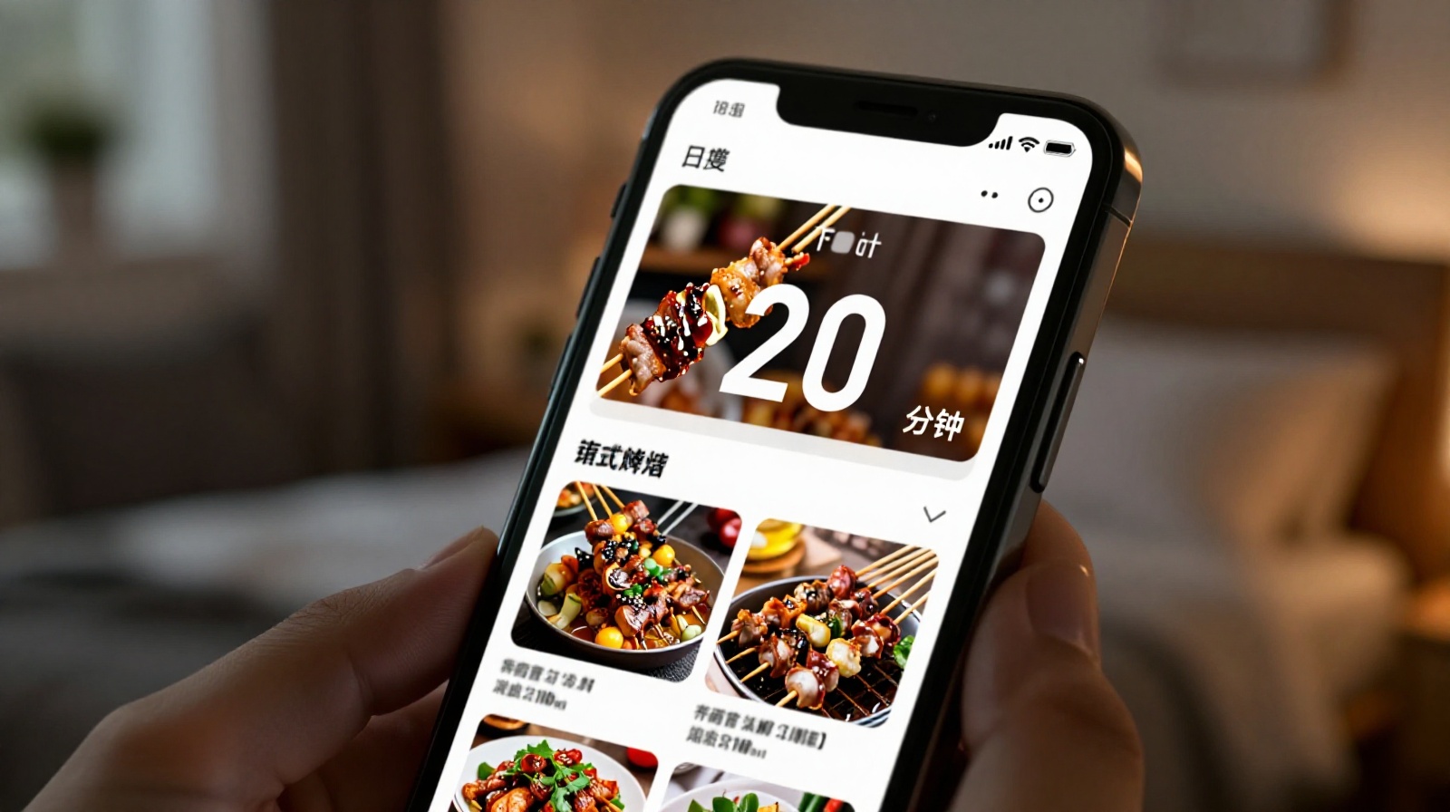 Smartphone displaying a food delivery app countdown timer in a dark bedroom at night