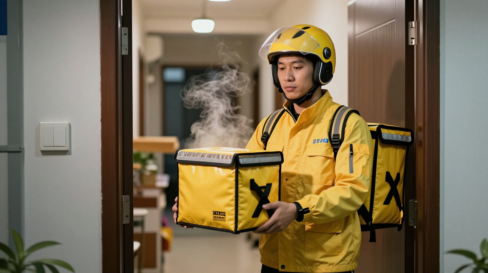 Delivery rider in yellow uniform handing a hot meal to a resident at an apartment door at 2 AM