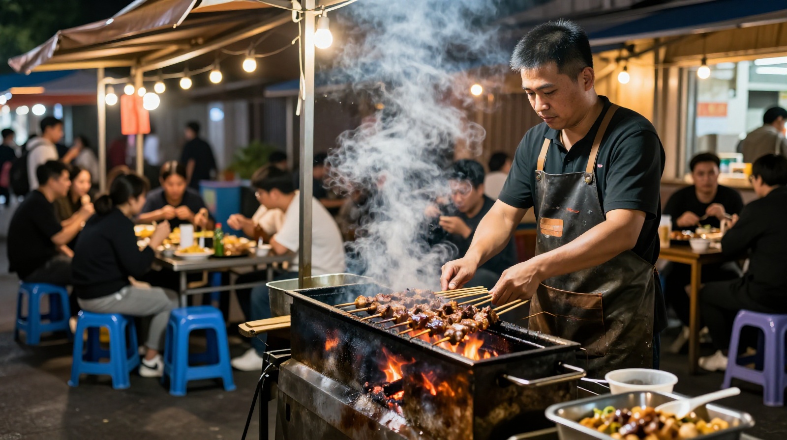 Vendor grilling lamb skewers at a busy street food stall in Shanghai at midnight